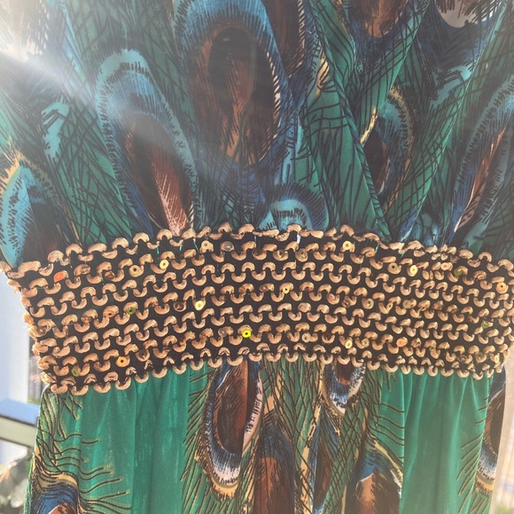 Green Multicolored V Neck Sleeveless Peacock Print Maxi Dress Sz M - Picture 3 of 14